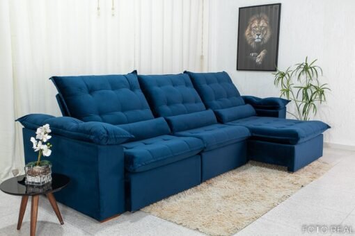 Sofá Retrátil Reclinável Emanuelly Veludo Azul 03 Larg. 3.20m  - D28 Soft - Imagem 2