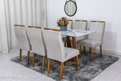 Mesa de Jantar Pedro Mel Vidro Off 160×80 6 Cadeiras Lisboa Veludo Bege 512 Madeira Maciça Art Assento - Entregue Montada - Imagem 2