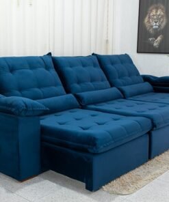 Sofá Retrátil Reclinável Emanuelly Veludo Azul 03 Larg. 3.20m  - D28 Soft