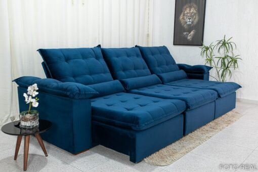 Sofá Retrátil Reclinável Emanuelly Veludo Azul 03 Larg. 3.20m  - D28 Soft