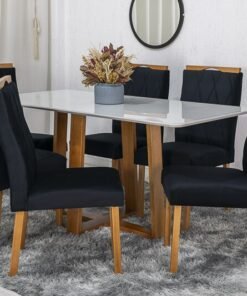 Mesa de Jantar Pedro Mel Vidro Off 160×80 6 Cadeiras Lisboa Veludo Preto 504 Madeira Maciça Art Assento - Entregue Montada