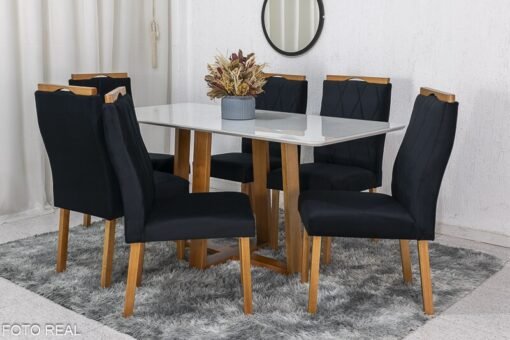Mesa de Jantar Pedro Mel Vidro Off 160×80 6 Cadeiras Lisboa Veludo Preto 504 Madeira Maciça Art Assento - Entregue Montada