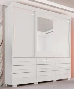 Roupeiro Casal Athenas Branco 3 Portas 9 Gavetas C/ Espelho e Pés Larg. 1.80m - Bianchi