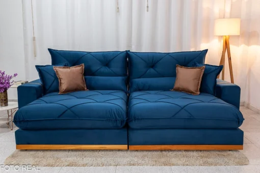 Sofá Retrátil Reclinável 2.90m Gran Bello (BARUC) Veludo Azul – D33 e Molas Ensacadas