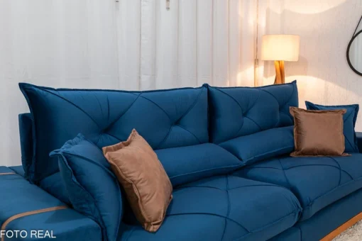 Sofá Retrátil Reclinável 2.30m Gran Bello (BARUC) Veludo Azul – D33 e Molas Ensacadas - Imagem 2