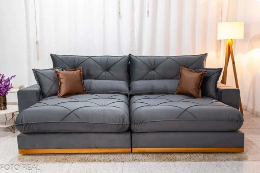 Sofá Retrátil Reclinável 2.90m Gran Bello (BARUC) Veludo Cinza – D33 e Molas Ensacadas - Imagem 6