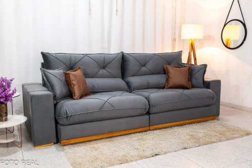 Sofá Retrátil Reclinável 2.90m Gran Bello (BARUC) Veludo Cinza – D33 e Molas Ensacadas