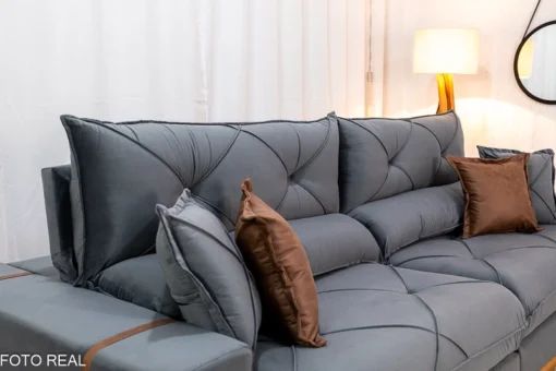 Sofá Retrátil Reclinável 2.90m Gran Bello (BARUC) Veludo Cinza – D33 e Molas Ensacadas - Imagem 4