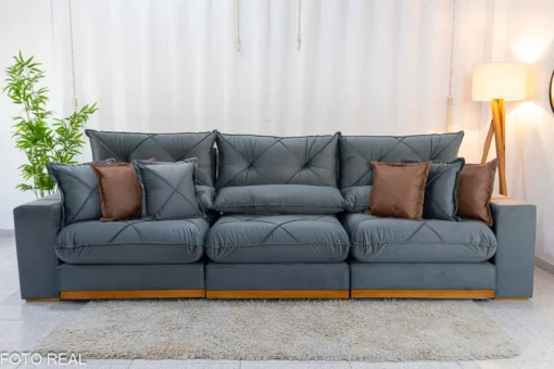 Sofá Retrátil Reclinável Gran Bello (BARUC) 3.20m Veludo Cinza - D33 e Molas Ensacadas
