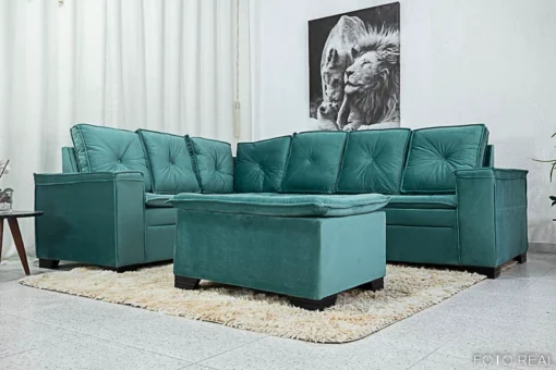 Sofá Canto 5 lugares com Puff Alemanha Veludo Verde Tiffany A40 - Imagem 5