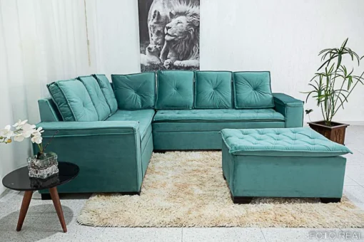 Sofá Canto 5 lugares com Puff Alemanha Veludo Verde Tiffany A40