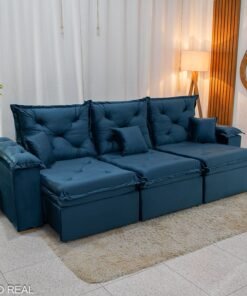 Sofá Retrátil Reclinável Porto Madri 2.70m Veludo Azul - D28 Pró Aditivada