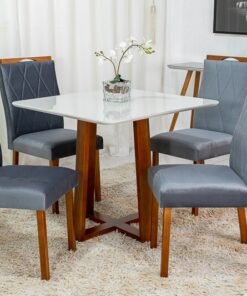 Mesa de Jantar Pedro Mel Vidro Off 90×90 4 Cadeiras Lisboa Veludo Cinza 507 Madeira Maciça Art Assento - Entregue Montada