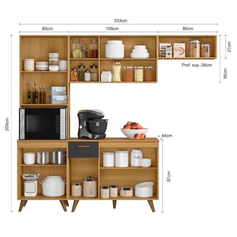Armário Cozinha Olinda Ripado 3D 4 Peças Paneleiro + Aéreo 1.05m + Balcão e Aéreo de Geladeira Freijó/Grafite Poliman - Imagem 2