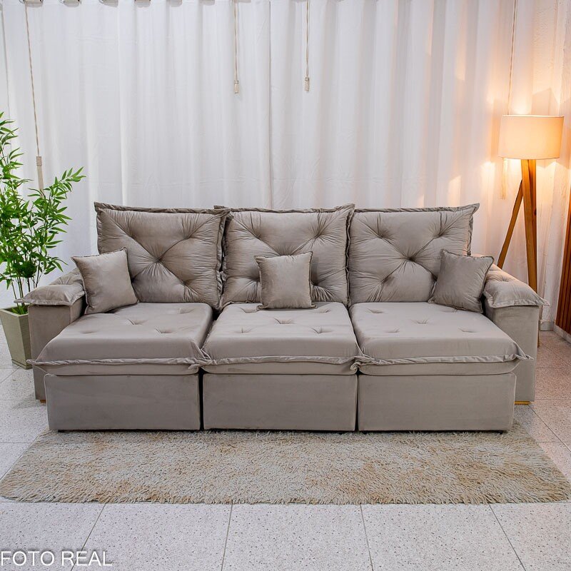 Sofá Retrátil Reclinável Porto Madri 2.70m Veludo Bege - D28 Pró Aditivada - Imagem 2