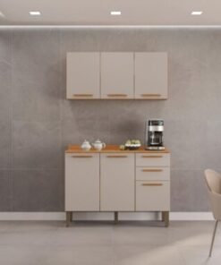 Combo Armário de Cozinha Aéreo 3 portas + Balcão 1.20 New Valência - Cinamomo/Off White