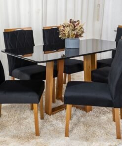 Mesa de Jantar Pedro Mel Vidro Preto 160×80 6 Cadeiras Lisboa Veludo Preto 504 Madeira Maciça Art Assento - Entregue Montada