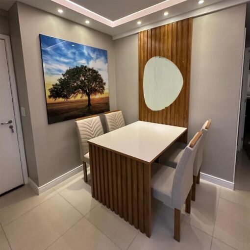 Mesa Jantar Cancun 120×90 C/Espelho 4 Cadeiras Linho Bege 178 Cel Móveis