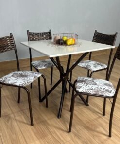Conjunto Mesa Tubular Macaé Tampo Quadrado Com 4 Cadeiras Ratam - Marrom/Off White