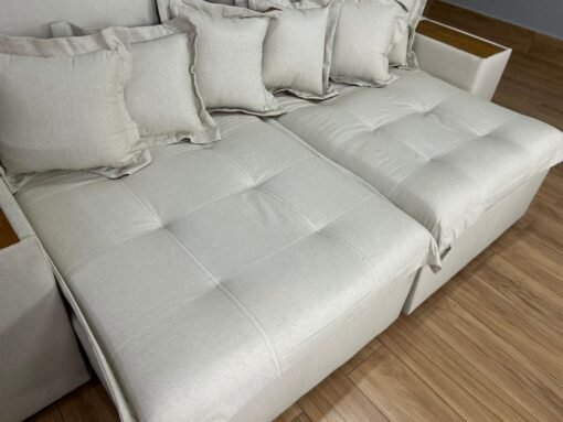 Sofá Cama Retrátil Reclinável Gabriella 2,30m - Bege Linho / Marrom Courino - Imagem 7