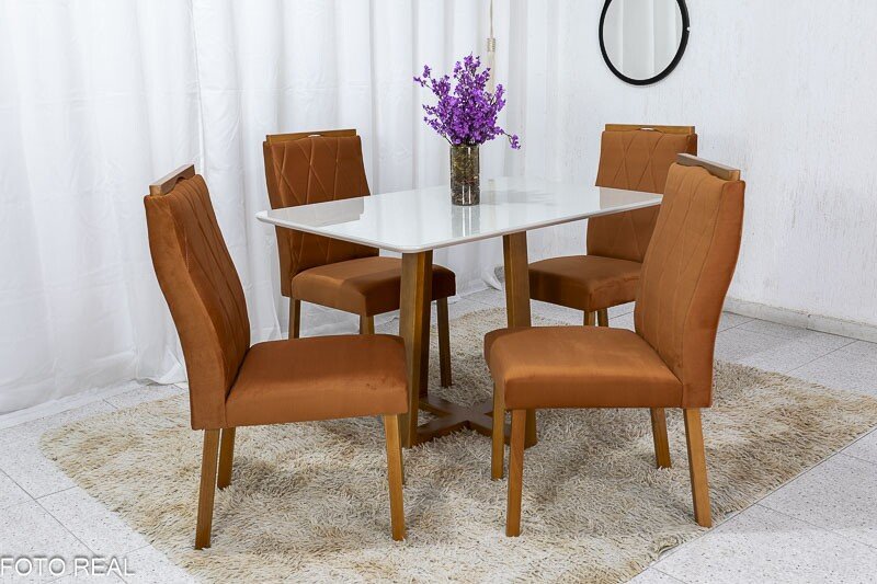 Mesa de Jantar Pedro Mel Vidro Off 120×80 4 Cadeiras Lisboa Veludo Terracota 513 Madeira Maciça Entregue Montada - Art Assento