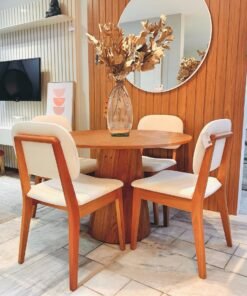 Mesa Redonda Malva 110 Mel com 4 Cadeiras Gaya Mel/Linho Bege 01 - J SILVA MÓVEIS