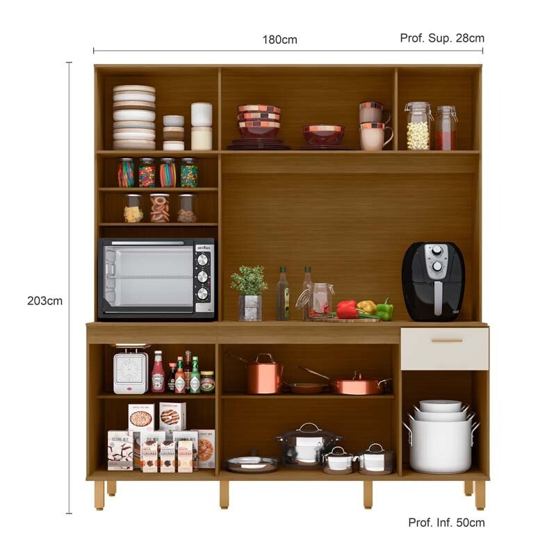 Kit Cozinha Núria Ripado 3D 9 Portas 1 Gaveta Larg. 1.80m Freijó/Off Poliman - Imagem 2