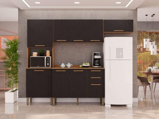 Cozinha Completa New Valência com Aéreo Triplo 4 peças - Cinamomo/Preto