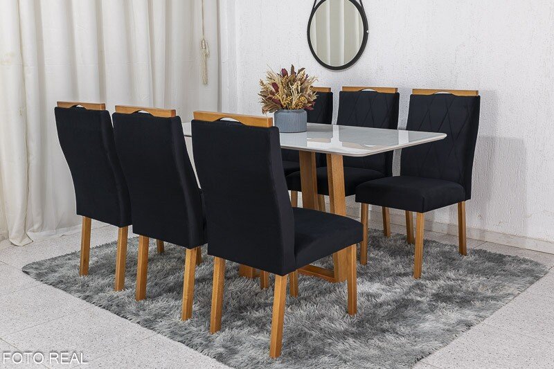 Mesa de Jantar Pedro Mel Vidro Off 160×80 6 Cadeiras Lisboa Veludo Preto 504 Madeira Maciça Art Assento - Entregue Montada - Imagem 3