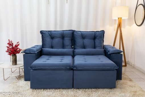Sofá Retrátil Reclinável Grécia Veludo Azul Larg. 2.00m - Sem caixa - Imagem 4