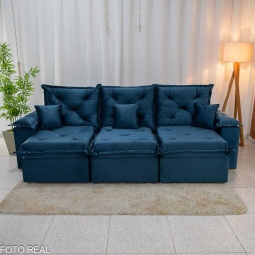 Sofá Retrátil Reclinável Porto Madri 2.70m Veludo Azul - D28 Pró Aditivada - Imagem 5