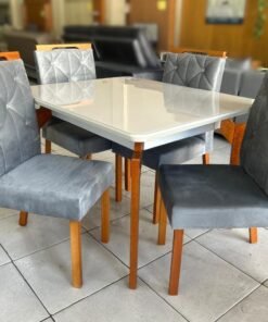 Mesa de Jantar Abeille 1.14×0.93 c/ 4 Cadeiras Jasmim - Naturale/Off White/ Cinza Veludo