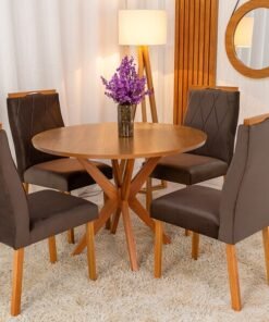 Mesa de Jantar Simpatia Tampo Redondo 108×108 Cinamomo 4 Cad. Lisboa Veludo Marrom 509 Madeira Maciça - Entregue Montada