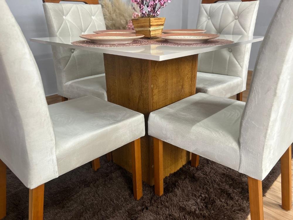 Mesa de Jantar Dakota Plus 90x90 c/ 4 Cadeiras Jasmim - Cinamomo/Off White/Bege Veludo - Imagem 4