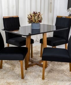 Mesa de Jantar Pedro Mel Vidro Preto 120×80 4 Cadeiras Lisboa Veludo Preto 504 Madeira Maciça Art Assento - Entregue Montada