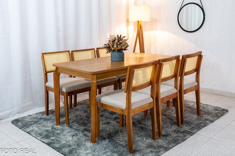 Mesa de Jantar Alegra Tampo Cinamomo 160×80 6 Cadeiras Santorini Linho Bege 29011 JCM Madeira Maciça - Imagem 2