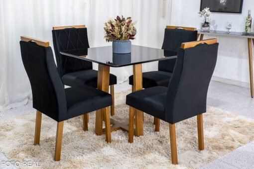 Mesa de Jantar Pedro Mel Vidro Preto 90×90 4 Cadeiras Lisboa Veludo Preto 504 Madeira Maciça Art Assento - Entregue Montada - Imagem 2