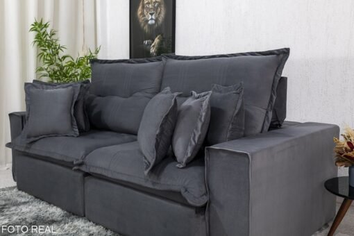 Sofá Retrátil Reclinável Ferrara 2.50m Veludo Cinza 20 D33 e Molas Ensacadas - Imagem 6