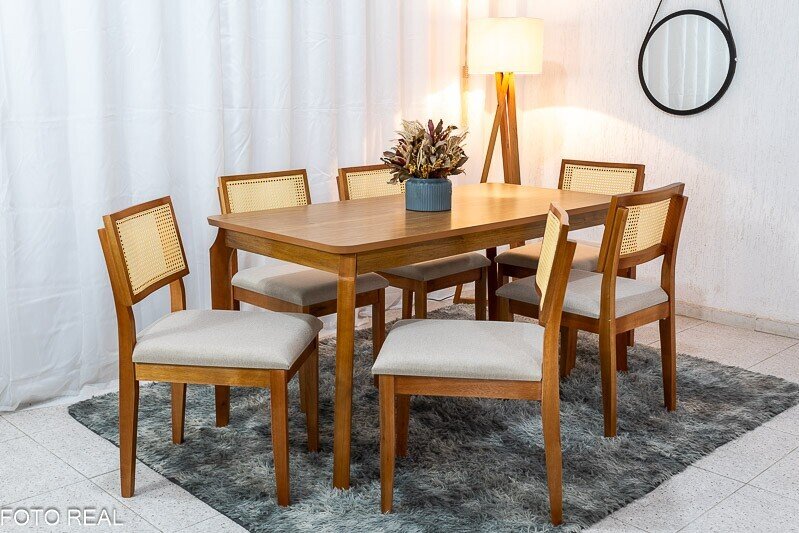 Mesa de Jantar Alegra Tampo Cinamomo 160×80 6 Cadeiras Santorini Linho Bege 29011 JCM Madeira Maciça