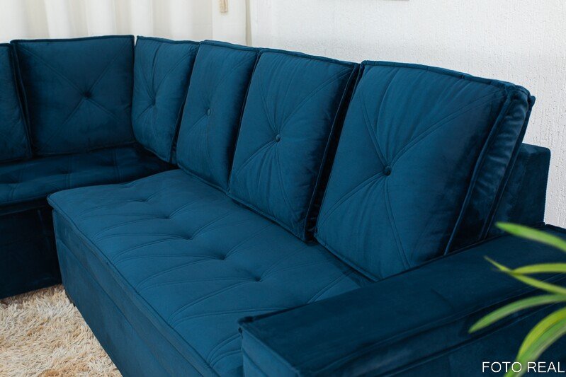 Sofá Canto 5 lugares com Puff Alemanha Veludo Azul A16 - Imagem 5