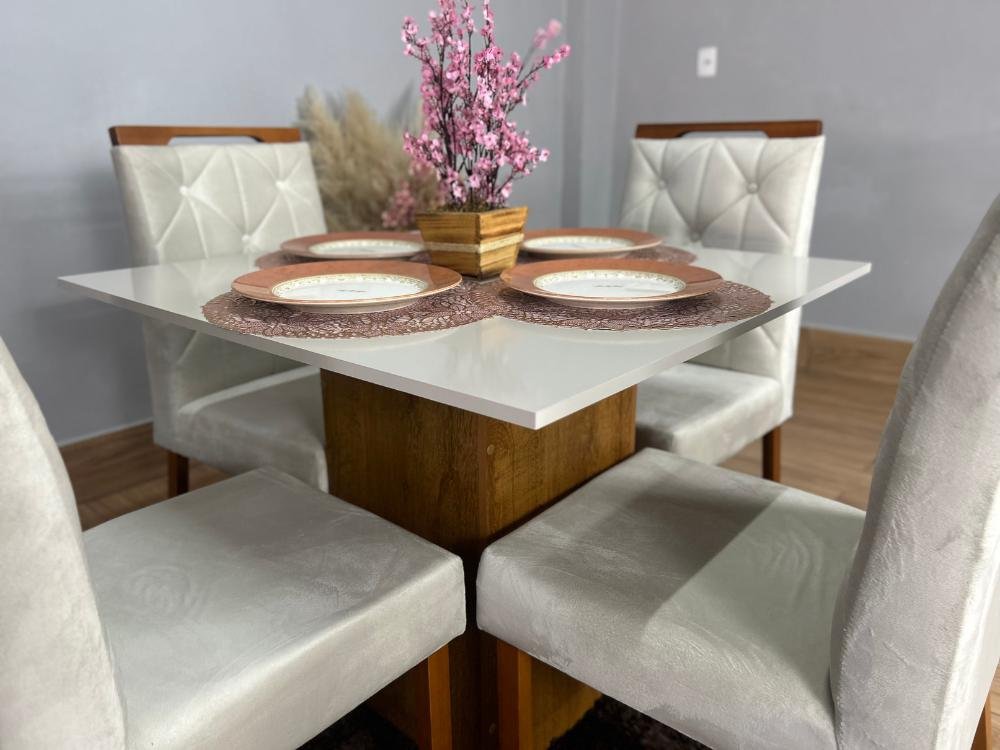 Mesa de Jantar Dakota Plus 90x90 c/ 4 Cadeiras Jasmim - Cinamomo/Off White/Bege Veludo - Imagem 3