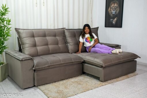 Sofá Retrátil Reclinável Atenas 2.90m Veludo Cinza 813 D33 e Molas Ensacadas - Imagem 9