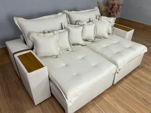 Sofá Cama Retrátil Reclinável Gabriella 2,30m - Bege Linho / Marrom Courino - Imagem 6