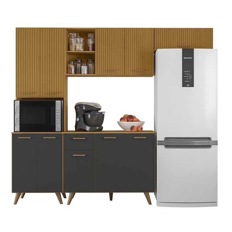 Armário Cozinha Olinda Ripado 3D 4 Peças Paneleiro + Aéreo 1.05m + Balcão e Aéreo de Geladeira Freijó/Grafite Poliman - Imagem 3