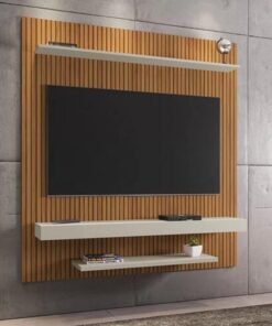 Painel Leme TV até 60 Polegadas Larg. 1.50m Impressão Ripada 3D Cinamomo/Ripado/Off White Bechara