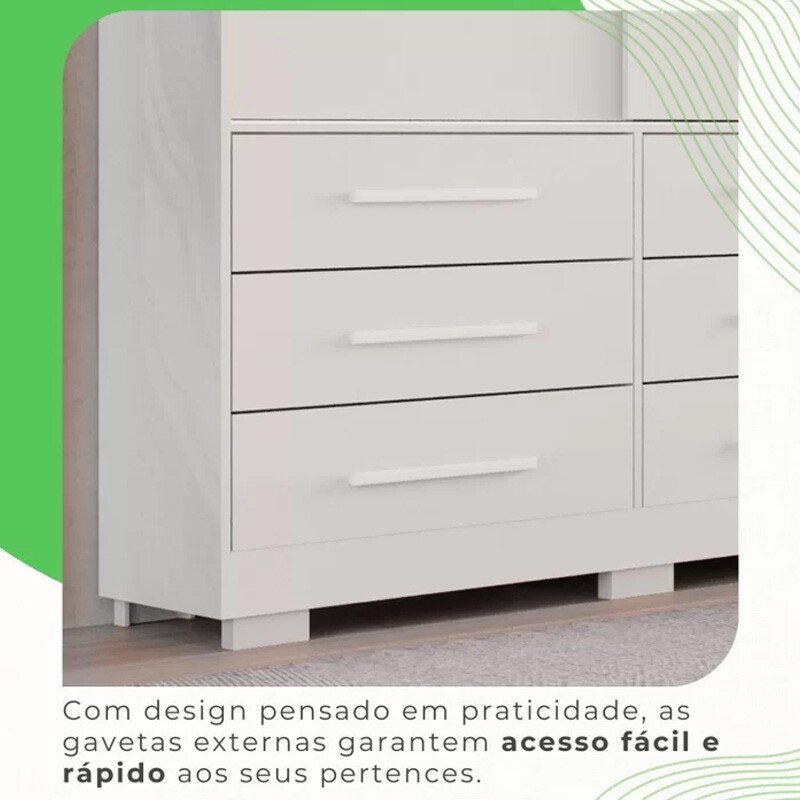 Roupeiro Casal Athenas Branco 3 Portas 9 Gavetas C/ Espelho e Pés Larg. 1.80m - Bianchi - Imagem 3