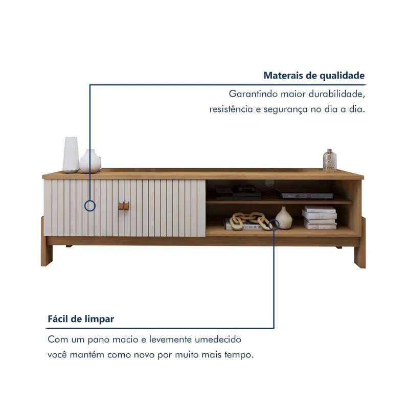 Rack Bancada Ouro Preto Cinamomo/Off com Detalhe Frisado TV até 65 Polegadas Larg. 1.64m - Valdemóveis - Imagem 2