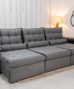 Sofá Retrátil Reclinável Emanuelly 3.20m Veludo Cinza 20 - D28 Soft