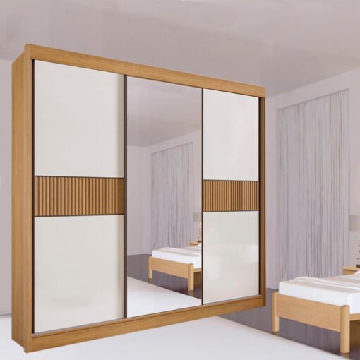 Roupeiro Casal Los Angeles Cinamomo/Off 3 Portas 6 Gavetas C/ 1 Espelho Detalhe Ripado Portas Flex 100% MDF Larg. 2.73m - D Doro