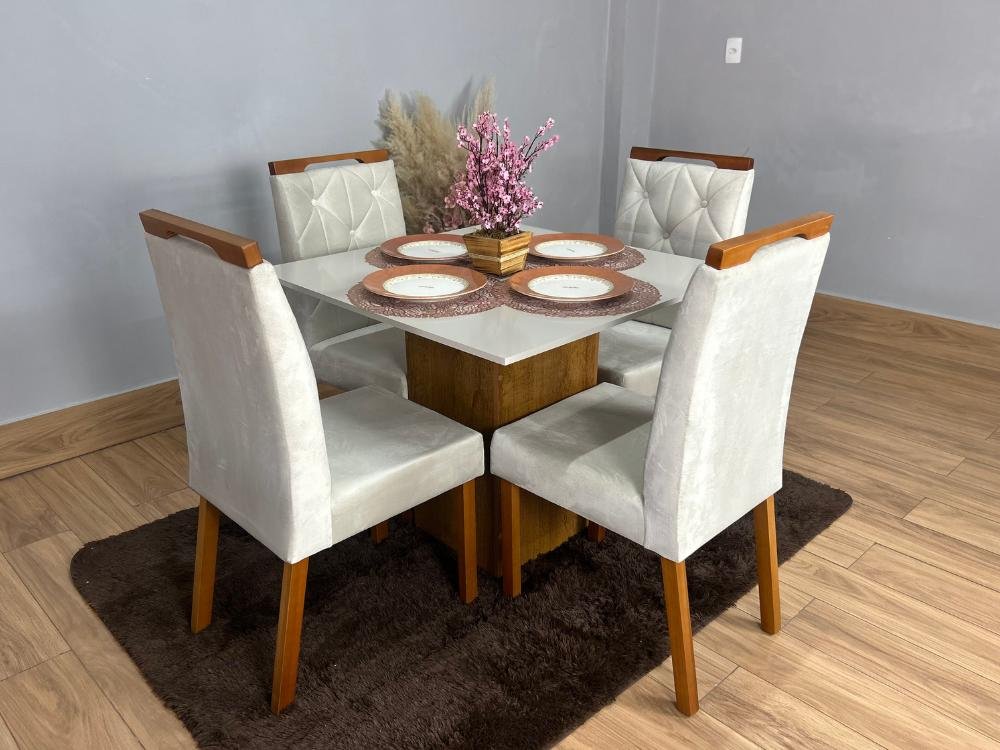 Mesa de Jantar Dakota Plus 90x90 c/ 4 Cadeiras Jasmim - Cinamomo/Off White/Bege Veludo